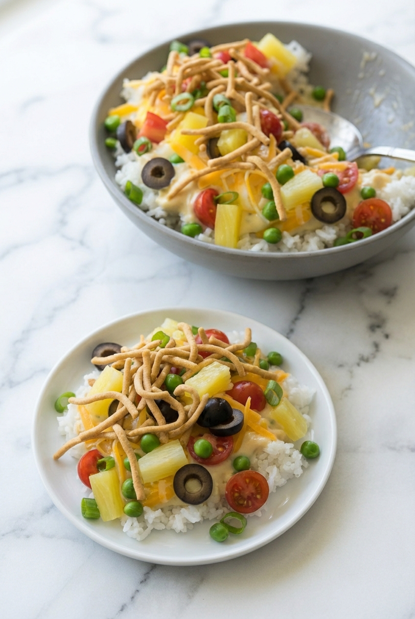 Hawaiian haystacks recipe served on a contemporary countertop, highlighting meal prep storage options and lifestyle context.
