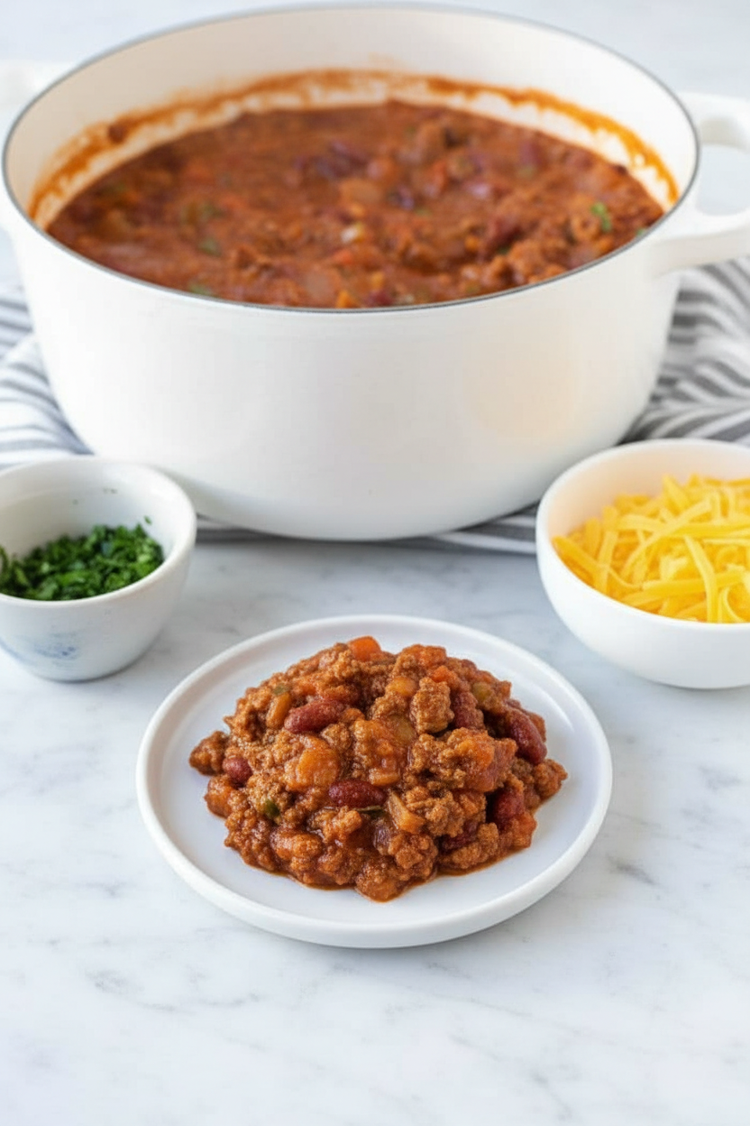 Bowls of easy chili recipe stovetop on a contemporary countertop with soft natural shadows.