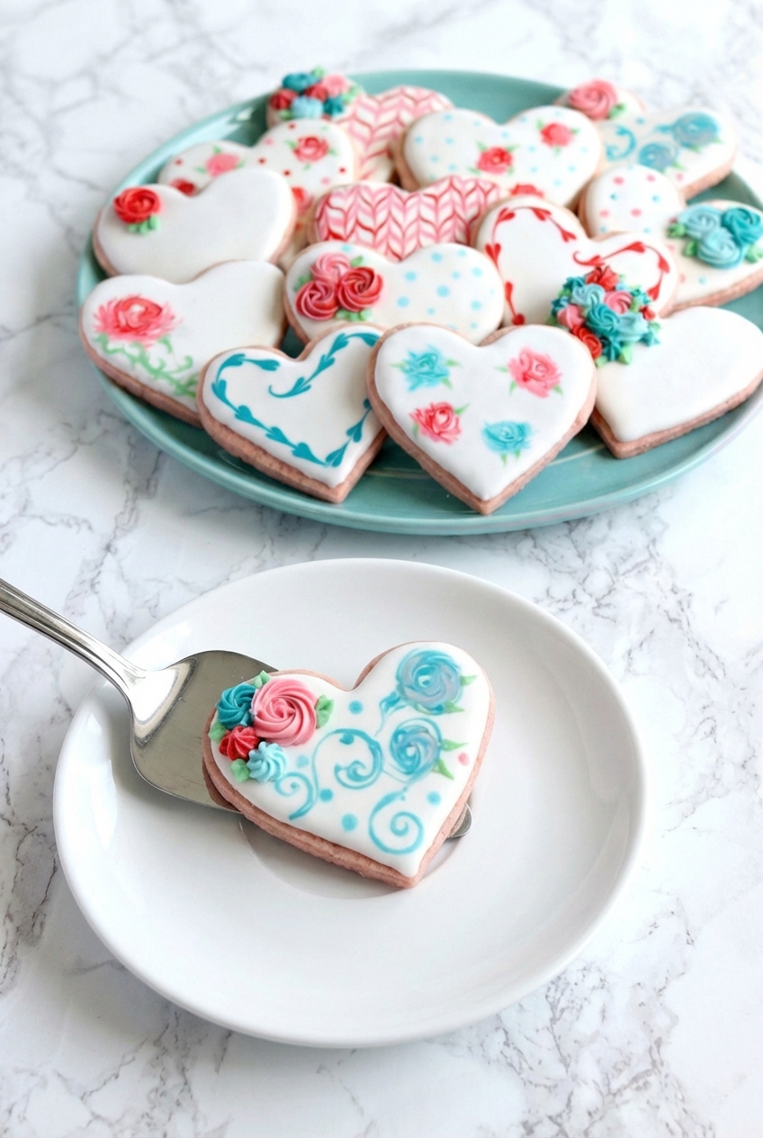 A batch of heart-shaped valentine sugar cookies resting on a wire cooling rack atop a bright, white marble surface.