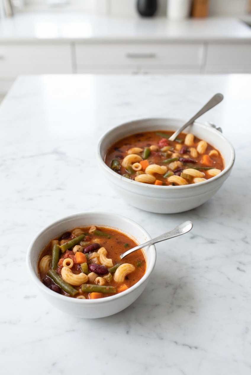 An elegant serving of Vegan Minestrone Soup on a white marble surface with soft shadows and minimalist styling.
