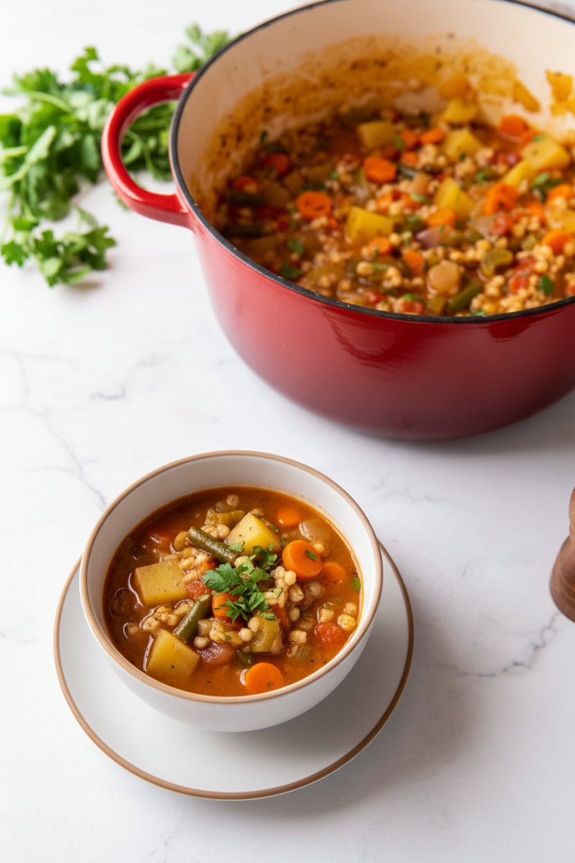 Vegetable Barley Soup served in a minimalist vessel on a white marble surface with soft shadows from window light.