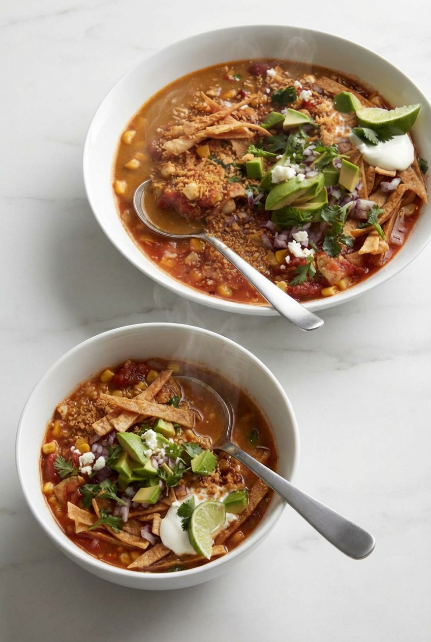 Vegetarian Tortilla Soup topped with Queso Fresco in a minimalist ceramic vessel on a contemporary countertop.