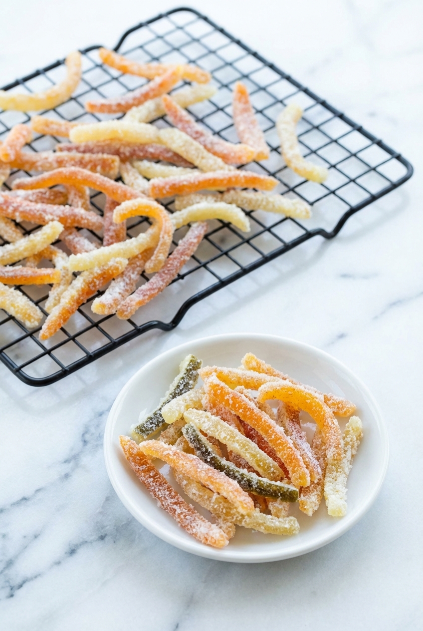 Candied orange peel arranged in a minimalist ceramic vessel on a marble surface with soft natural shadows.
