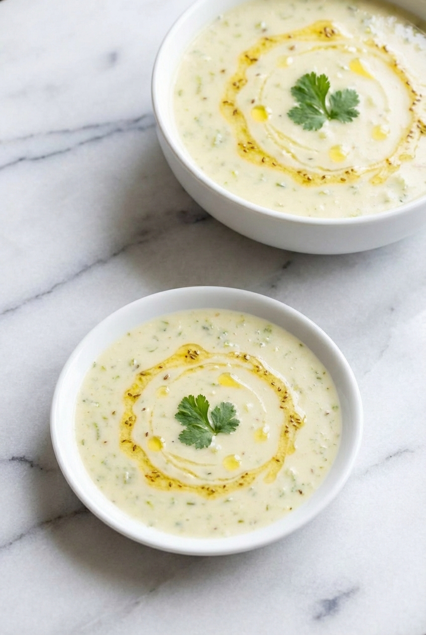 Celery Soup in a ceramic bowl on a contemporary countertop, highlighting a fresh serving suggestion in natural light.