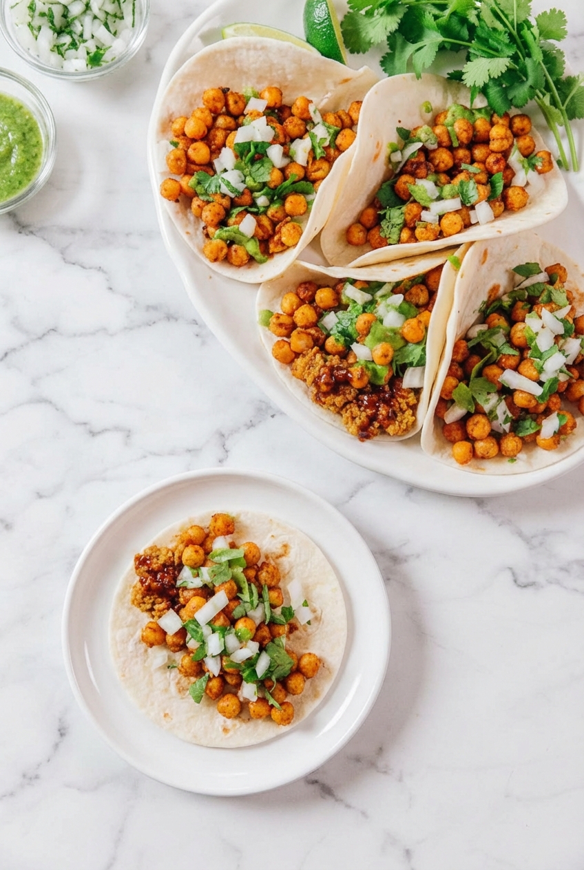 Lifestyle shot of Chickpea Tacos served in a minimalist ceramic vessel on a marble surface with soft shadows.