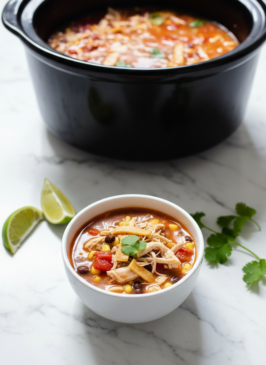 Minimalist ceramic bowl of crockpot chicken tortilla soup with avocado slices on a white marble surface under natural window light.