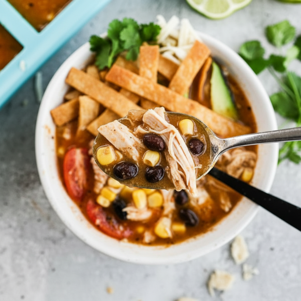 Serving easy chicken tortilla soup topped with fresh cilantro and crispy tortilla strips under natural window lighting.