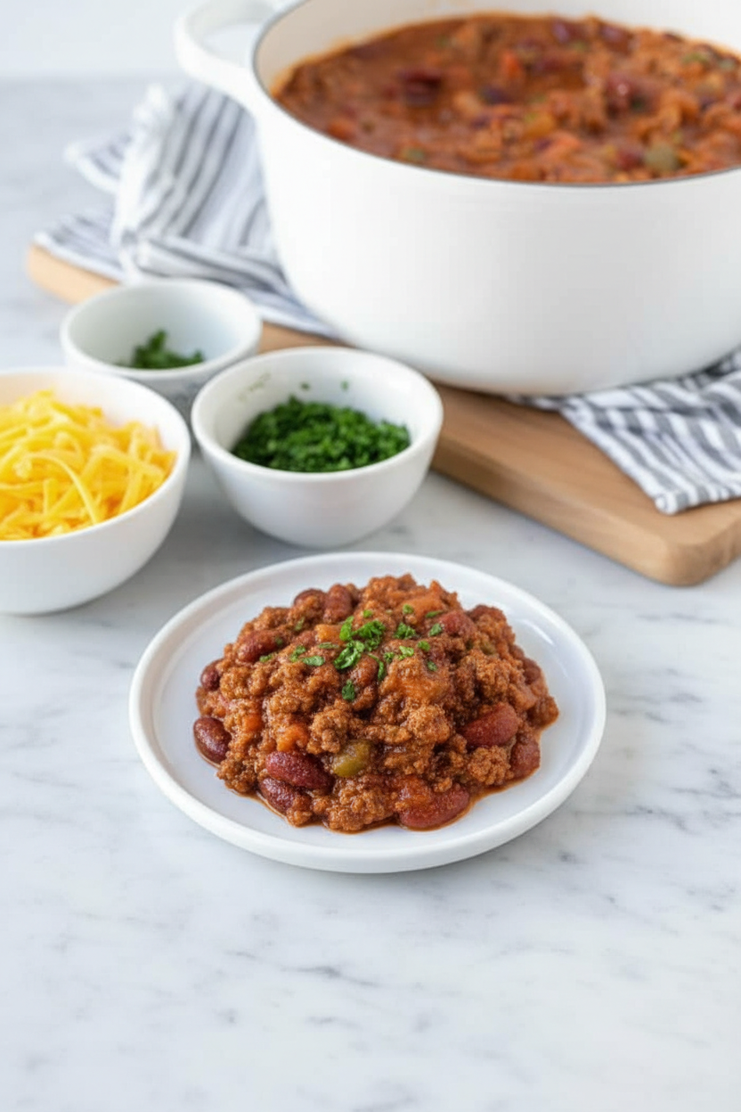 Lifestyle shot of homemade chili recipe served in a ceramic bowl on a white marble surface with soft natural shadows.