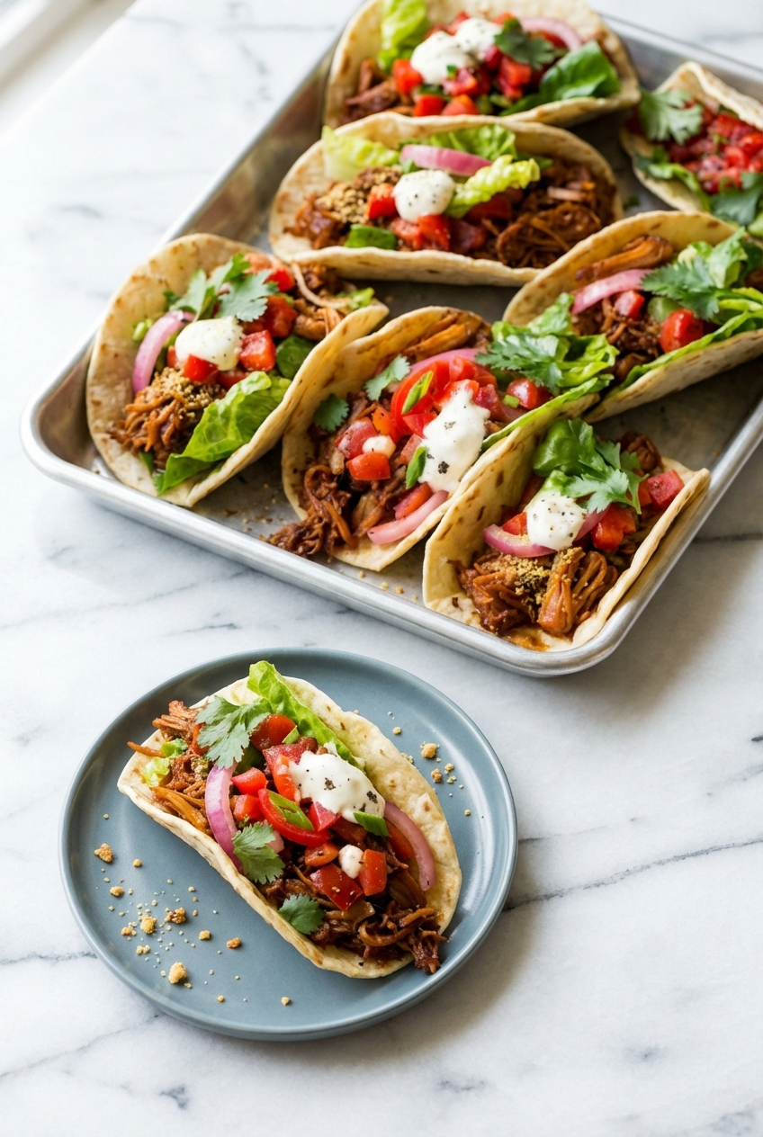 Jackfruit Tacos beautifully plated on a contemporary countertop with soft shadows and fresh garnishes ready for serving.