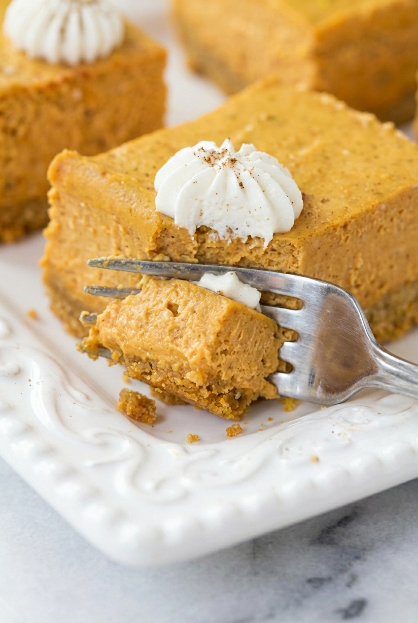 Slices of Pumpkin Cheesecake Bars arranged on a minimalist ceramic plate over a white marble surface with soft shadows.
