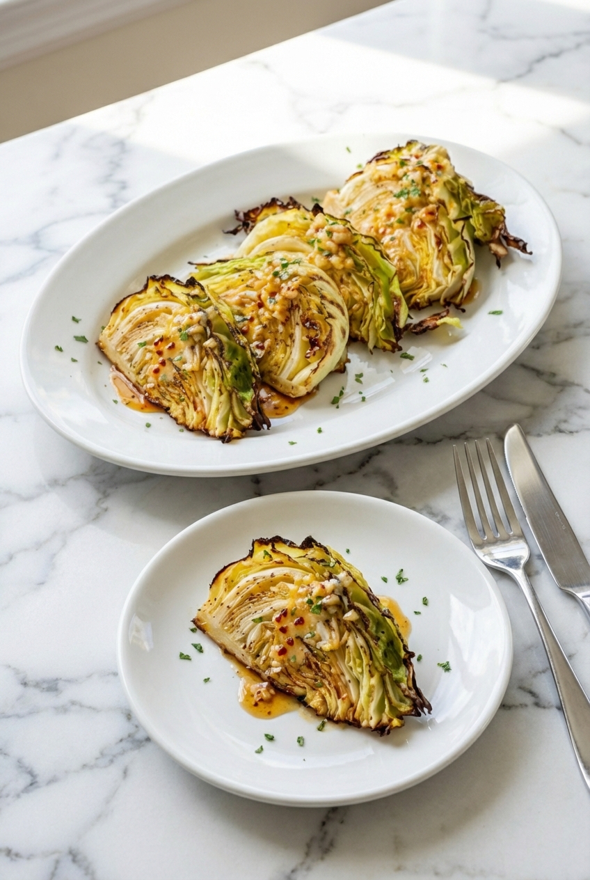 Roasted Cabbage Wedges arranged on a minimalist ceramic vessel with soft shadows and natural light, ready for serving.