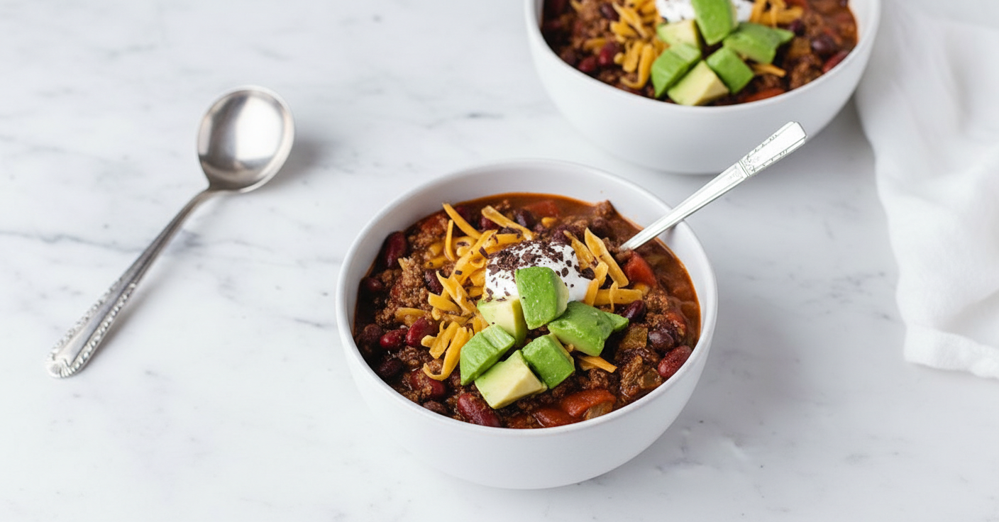 A bowl of venison chili recipe on a minimalist ceramic vessel with soft shadows and natural window lighting.