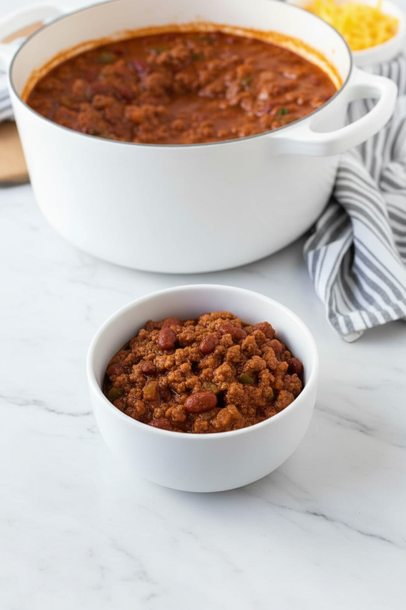 Serving of chili recipe stovetop in a minimalist bowl on a white marble surface with soft shadows.