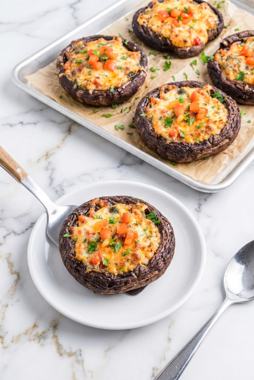 Stuffed Portobello Mushrooms drizzled with balsamic glaze and served in a minimalist ceramic plate in a bright, modern kitchen.