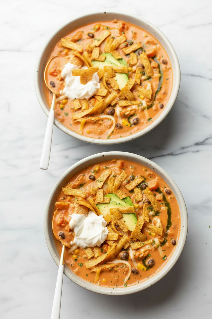 Creamy chicken tortilla soup styled with fresh avocado and crispy tortilla strips under soft natural window lighting.