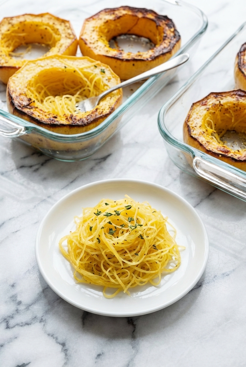 Baked Spaghetti Squash served in a minimalist ceramic vessel under soft natural window lighting.