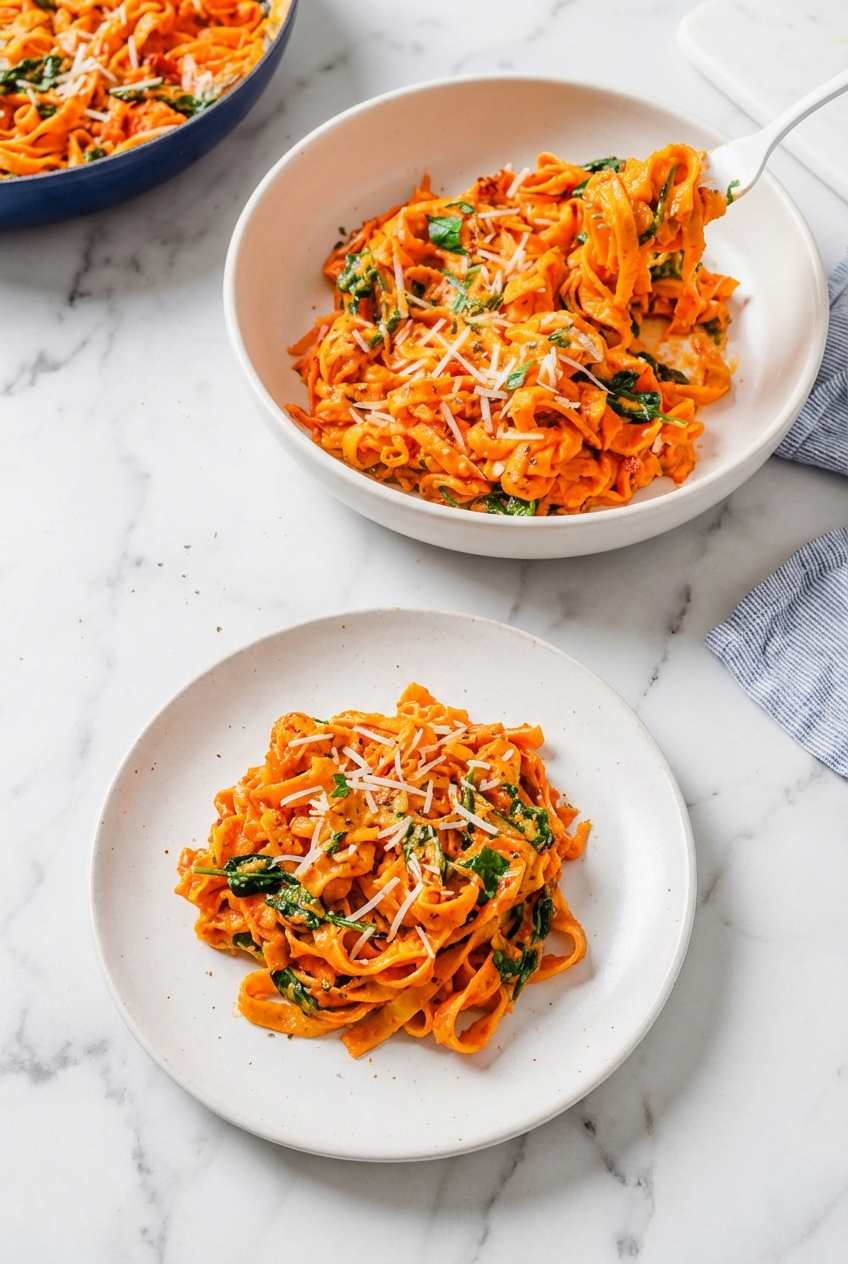 Plated Sweet Potato Noodles on a white marble surface, ready for serving as a healthy gluten-free pasta alternative.