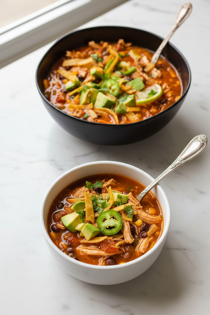 Zesty chicken tortilla soup served on a contemporary countertop with soft shadows and fresh cilantro garnish.