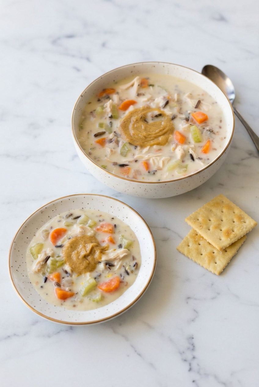 A warm serving of Wild Rice Soup on a white marble surface with soft window lighting, ready for a cozy dinner.