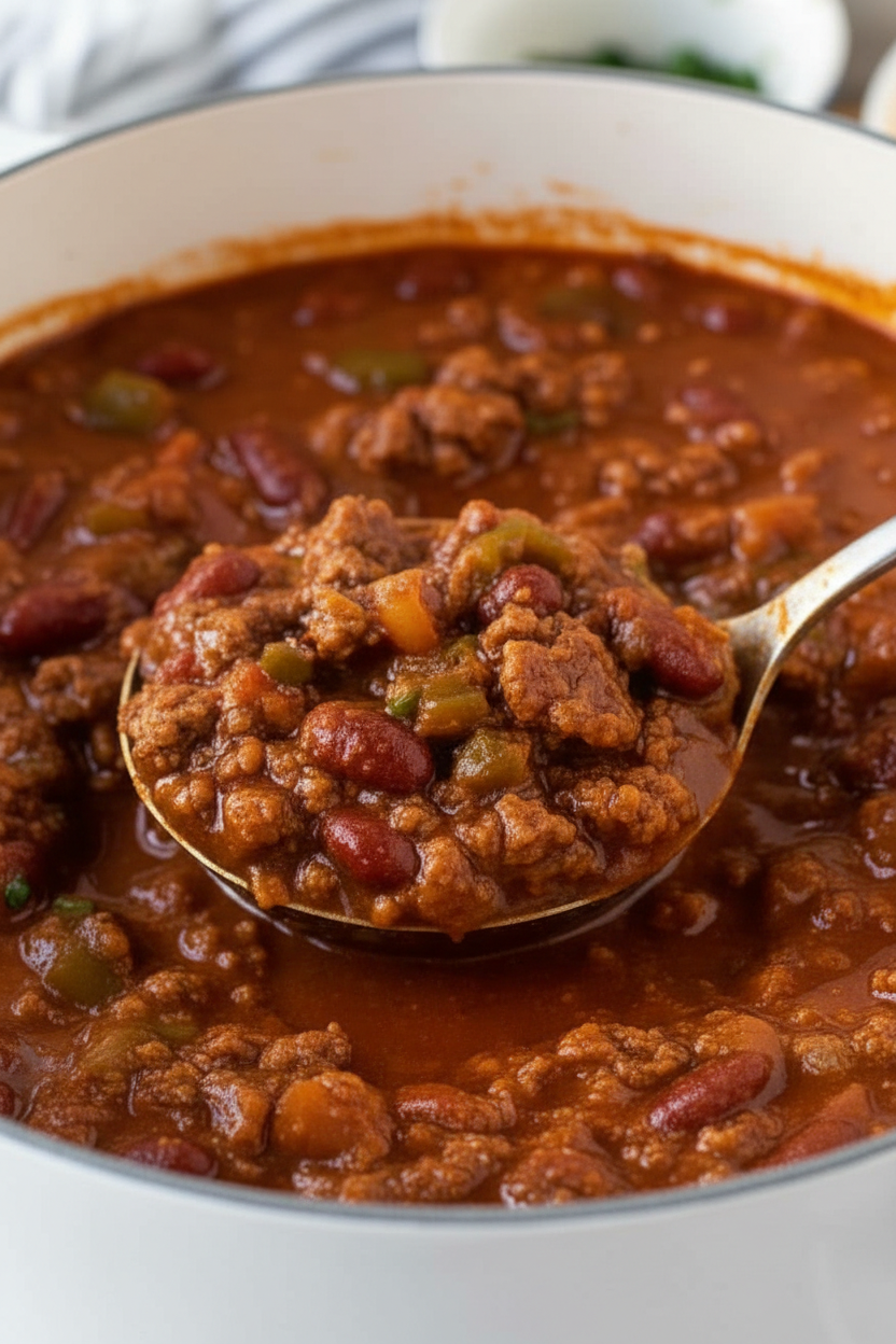 Simmering chili recipe stovetop in a Dutch oven under natural window lighting, highlighting the Maillard reaction.