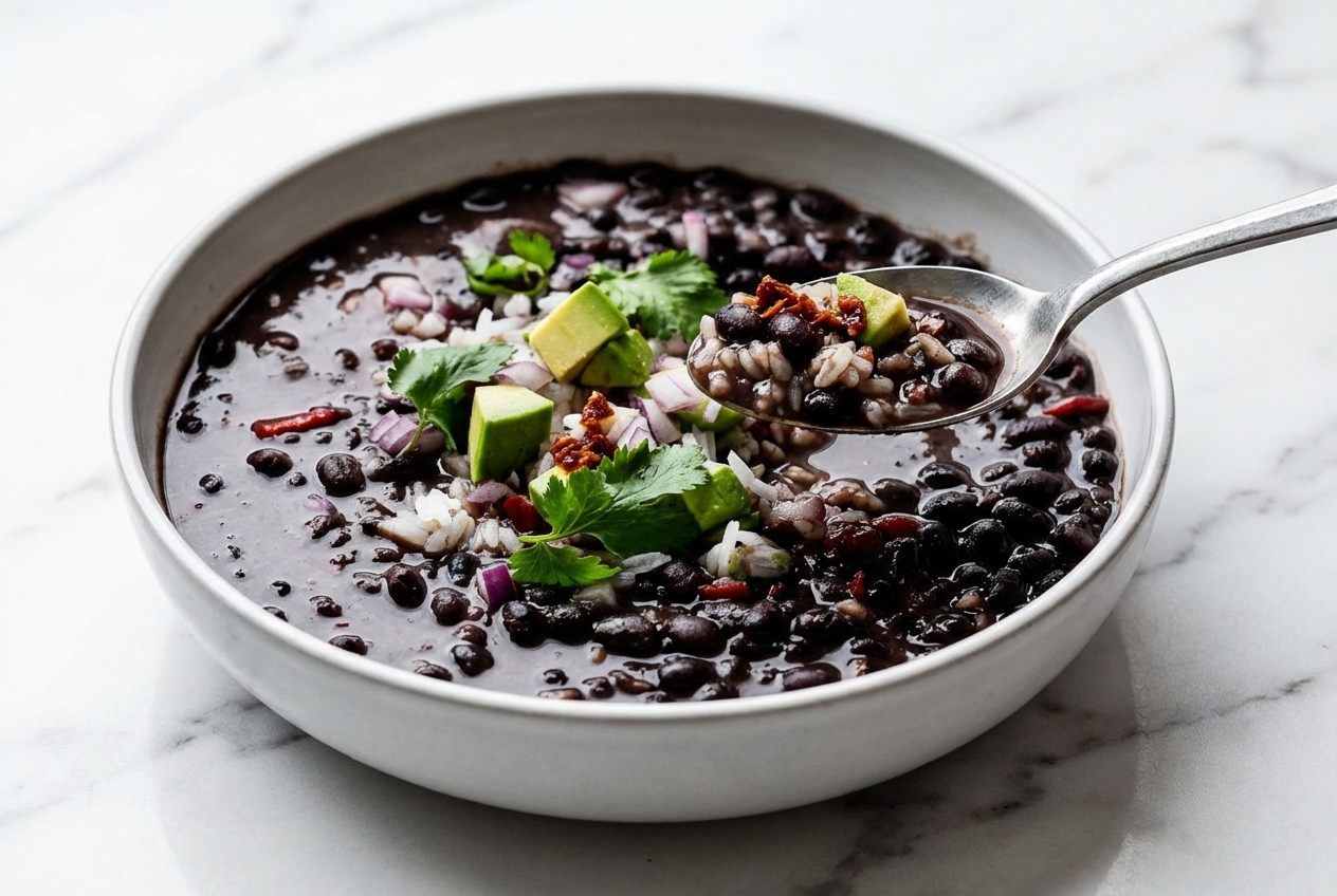 Instant Pot Black Bean Soup in a minimalist ceramic bowl on white marble, featuring a smoky chipotle pepper sofrito twist.
