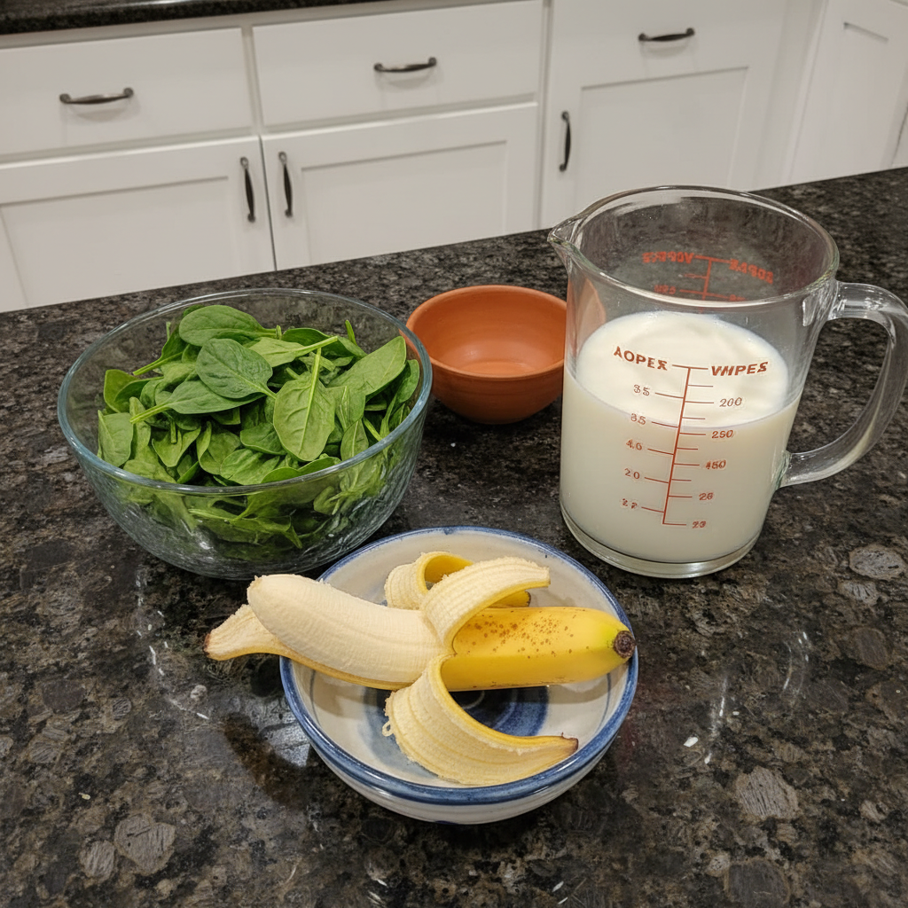 Fresh spinach leaves, ripe bananas, milk, and ice cubes laid out as ingredients for a spinach banana smoothie.