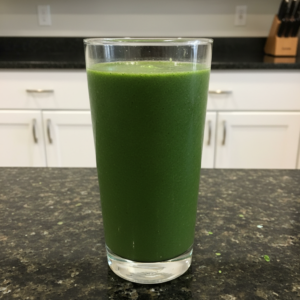 A vibrant green spinach banana smoothie in a tall glass, garnished with a banana slice and a straw.