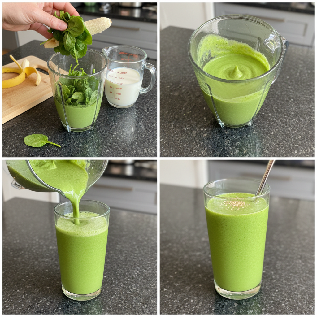 Hand pouring fresh spinach into a blender with bananas and milk to make a spinach banana smoothie.