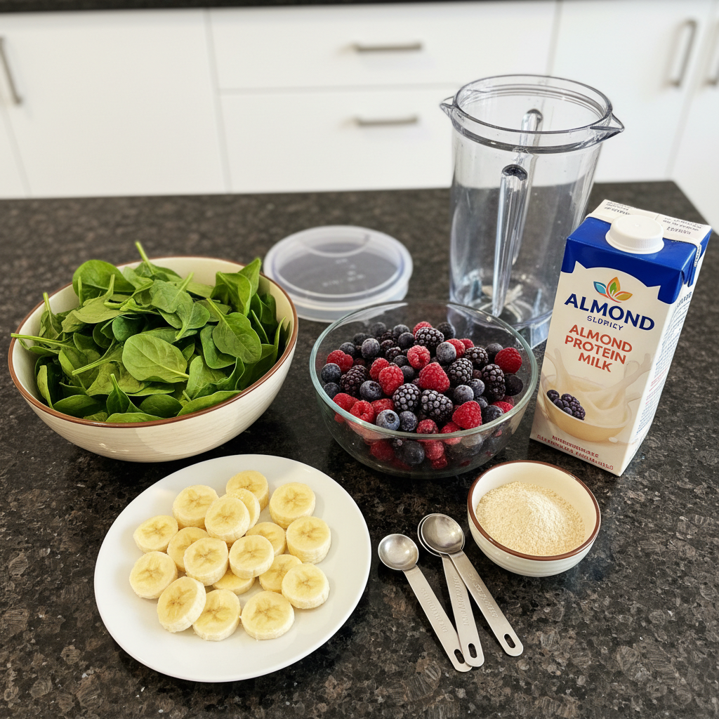 Fresh spinach, mixed berries, banana, and other wholesome ingredients laid out for a delicious Spinach Berry Smoothie.