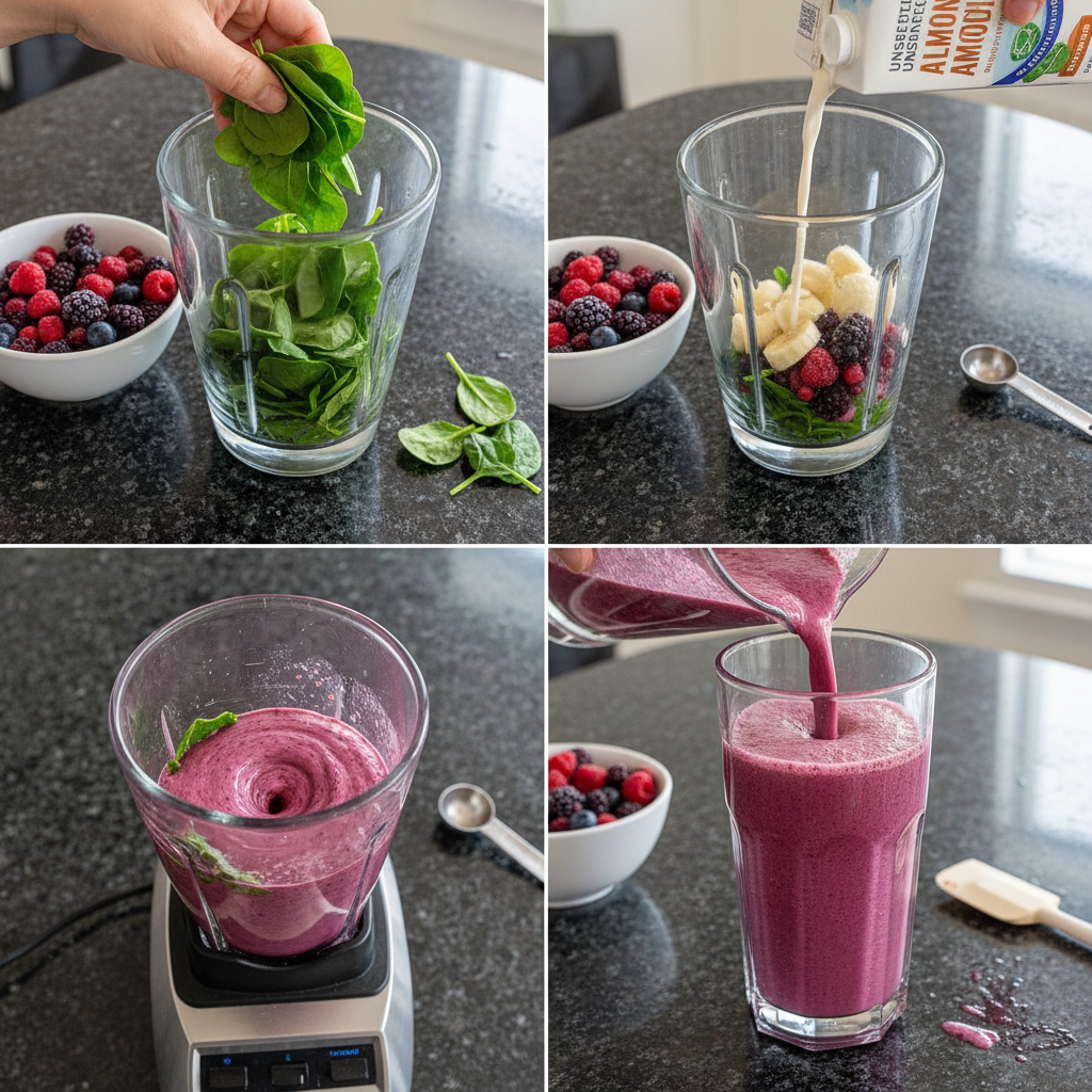 A blender filled with fresh spinach, berries, and liquid, ready to be blended into a creamy Spinach Berry Smoothie.
