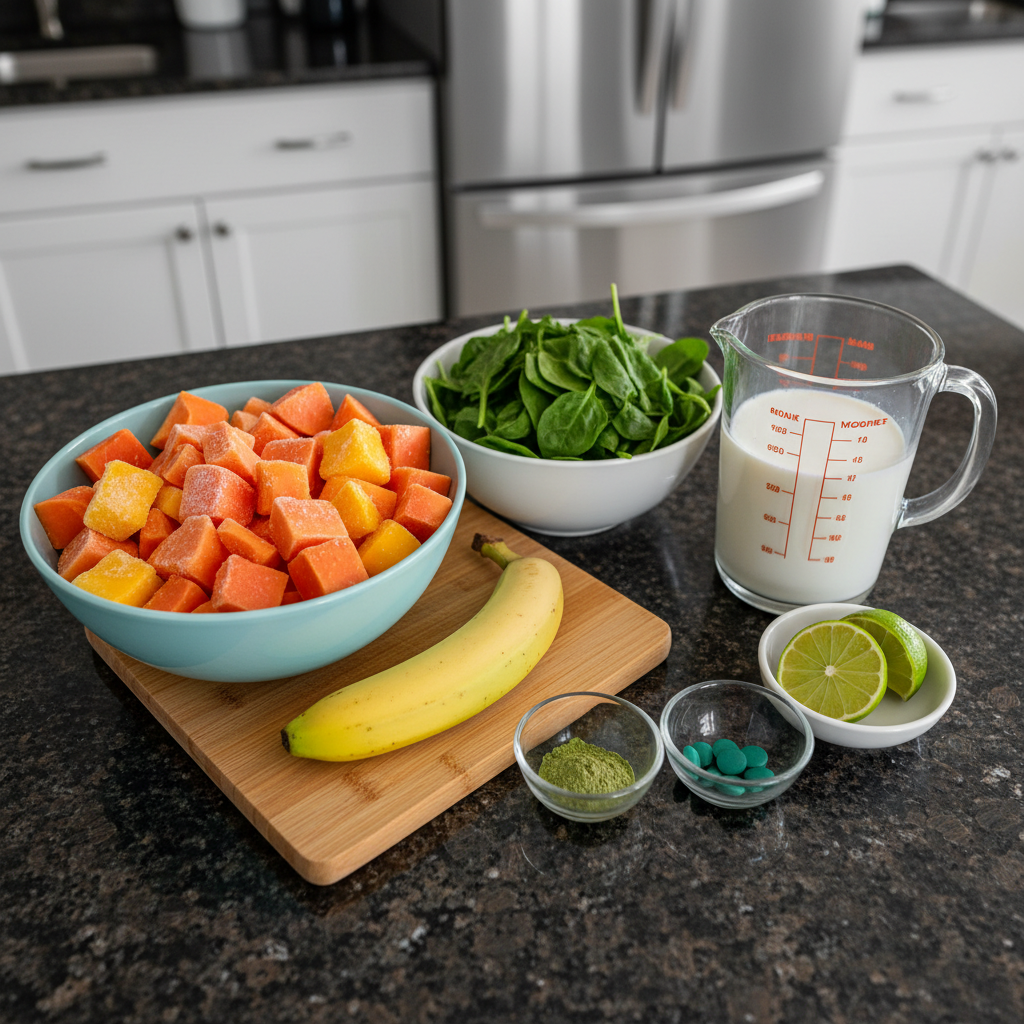 Fresh spinach leaves, ripe papaya cubes, a banana, and almond milk laid out as ingredients for a spinach papaya smoothie.