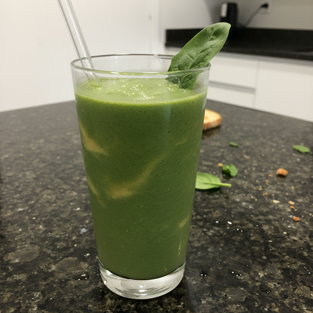 A vibrant green spinach papaya smoothie in a tall glass with a straw, garnished with a fresh papaya slice.