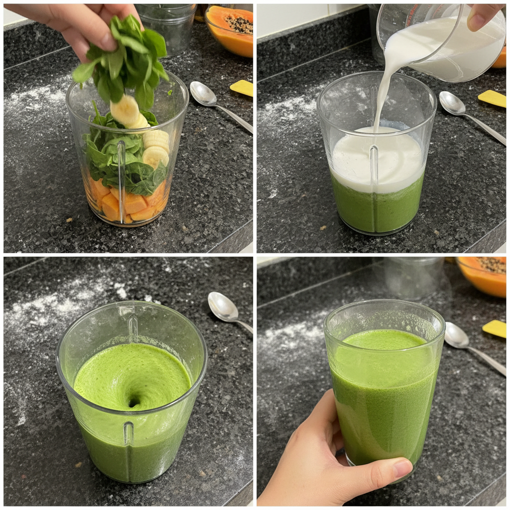 Spinach, papaya, banana, and liquid being blended together in a high-speed blender for a spinach papaya smoothie.