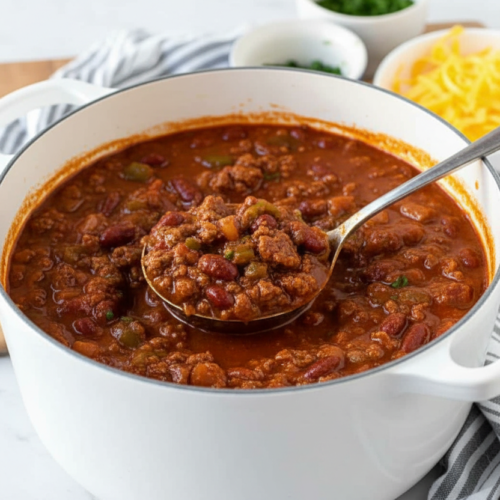 Rich chili recipe stovetop in a minimalist ceramic vessel on white marble with hints of cocoa and umami.