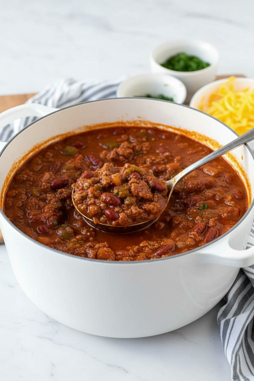 Rich chili recipe stovetop in a minimalist ceramic vessel on white marble with hints of cocoa and umami.