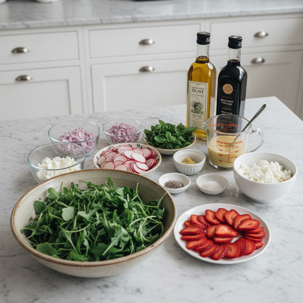 Fresh ingredients laid out for a Strawberry Arugula Salad, including ripe strawberries, peppery arugula, goat cheese, and a bottle of dressing.