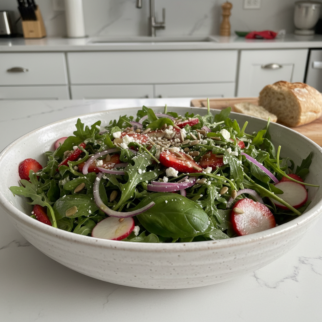 A vibrant Strawberry Arugula Salad with fresh strawberries, peppery arugula, goat cheese, and a light balsamic dressing.