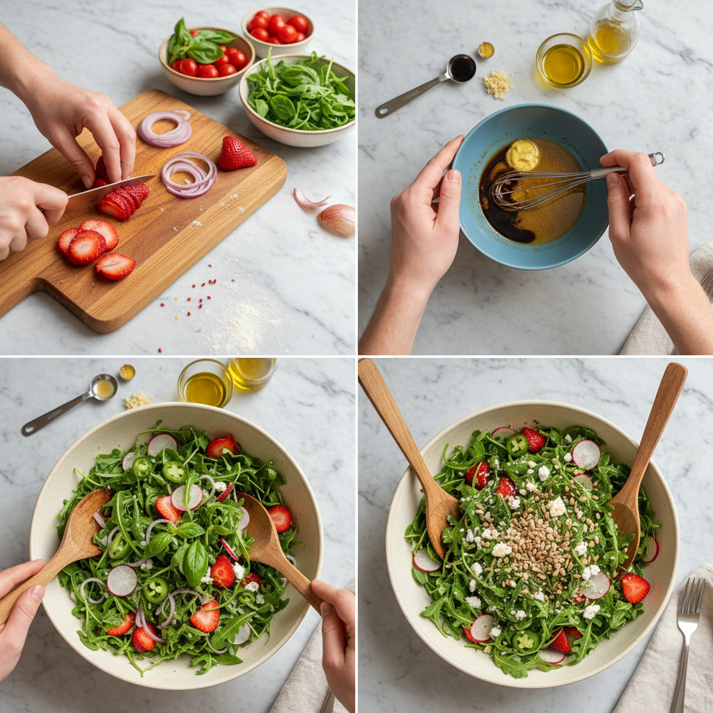Hands gently tossing fresh arugula and sliced strawberries in a large bowl, preparing a Strawberry Arugula Salad.