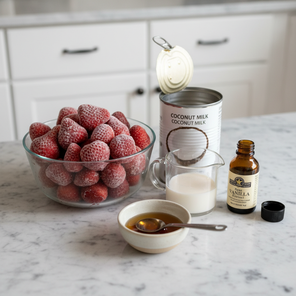Fresh strawberries, plant-based milk, and sweetener laid out for a strawberry vegan milkshake.