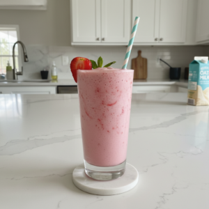 A tall glass of creamy strawberry vegan milkshake topped with fresh berries and a straw, ready to enjoy.