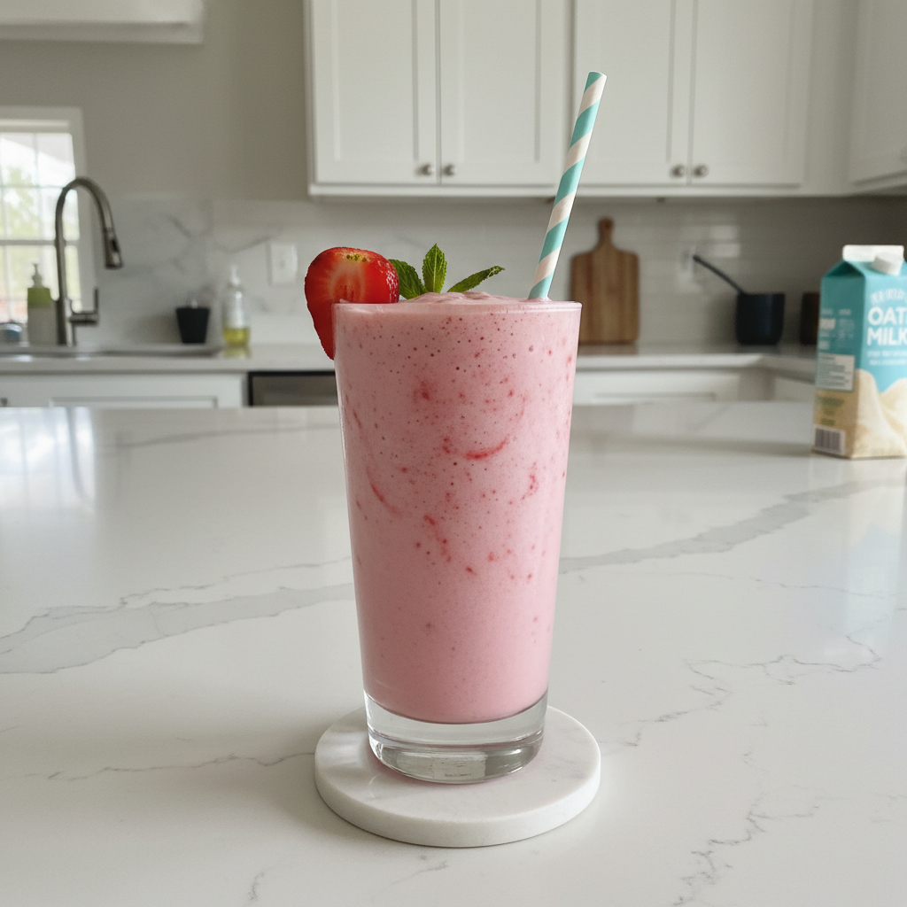 A tall glass of creamy strawberry vegan milkshake topped with fresh berries and a straw, ready to enjoy.