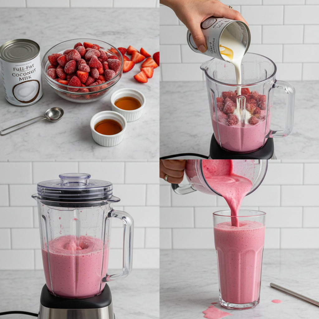 Blender mixing fresh strawberries and plant milk to create a strawberry vegan milkshake.