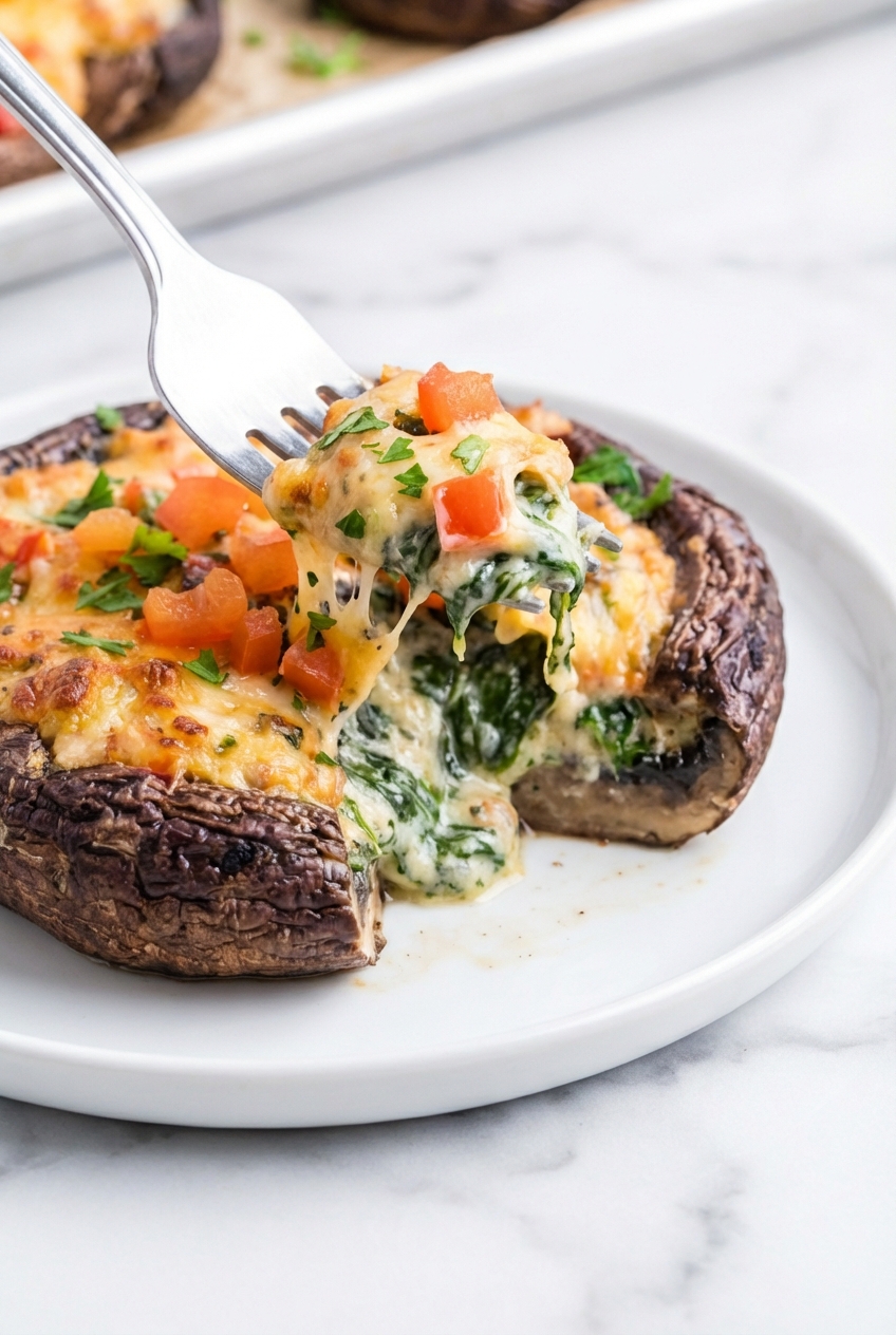 Close-up of Stuffed Portobello Mushrooms showing the crispy panko breadcrumbs and Maillard reaction on a white marble surface.