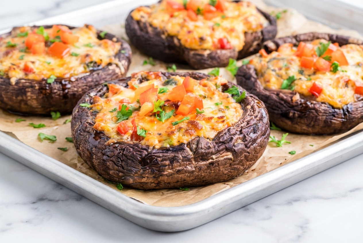 Stuffed Portobello Mushrooms with a savory Umami-Miso Baste on a white marble surface under soft natural window lighting.