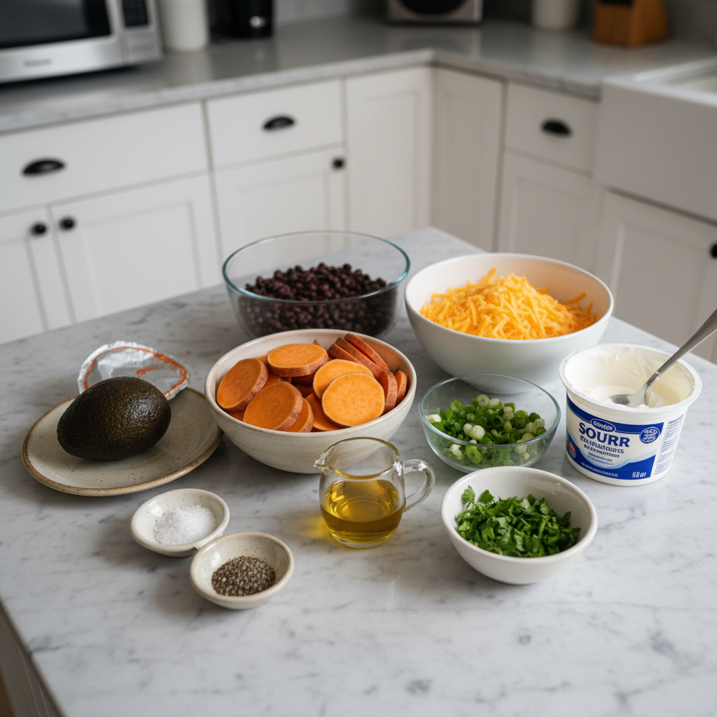 Fresh ingredients laid out on a wooden board, ready for making delicious sweet potato nachos.