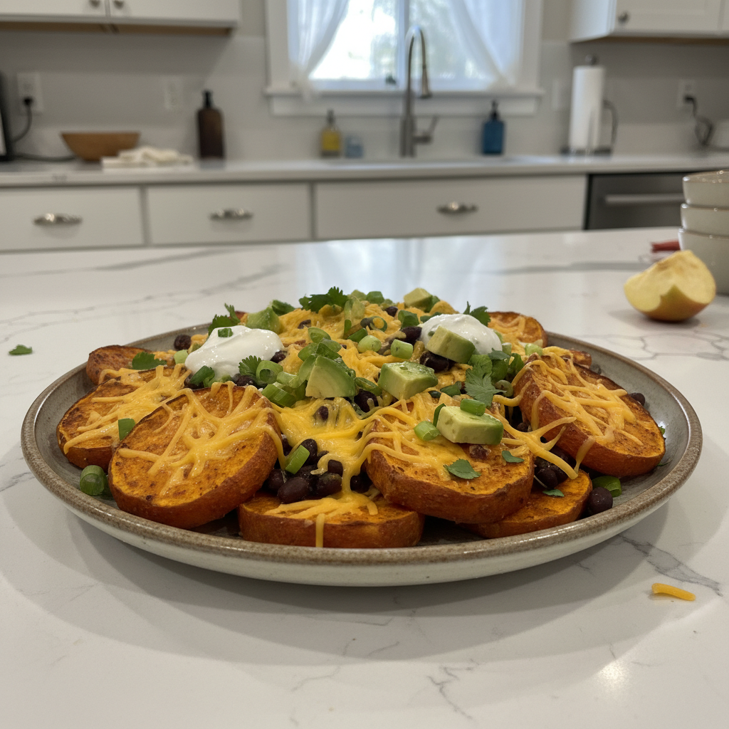 A colorful plate of sweet potato nachos, piled high with black beans, corn, avocado, and a creamy sauce.