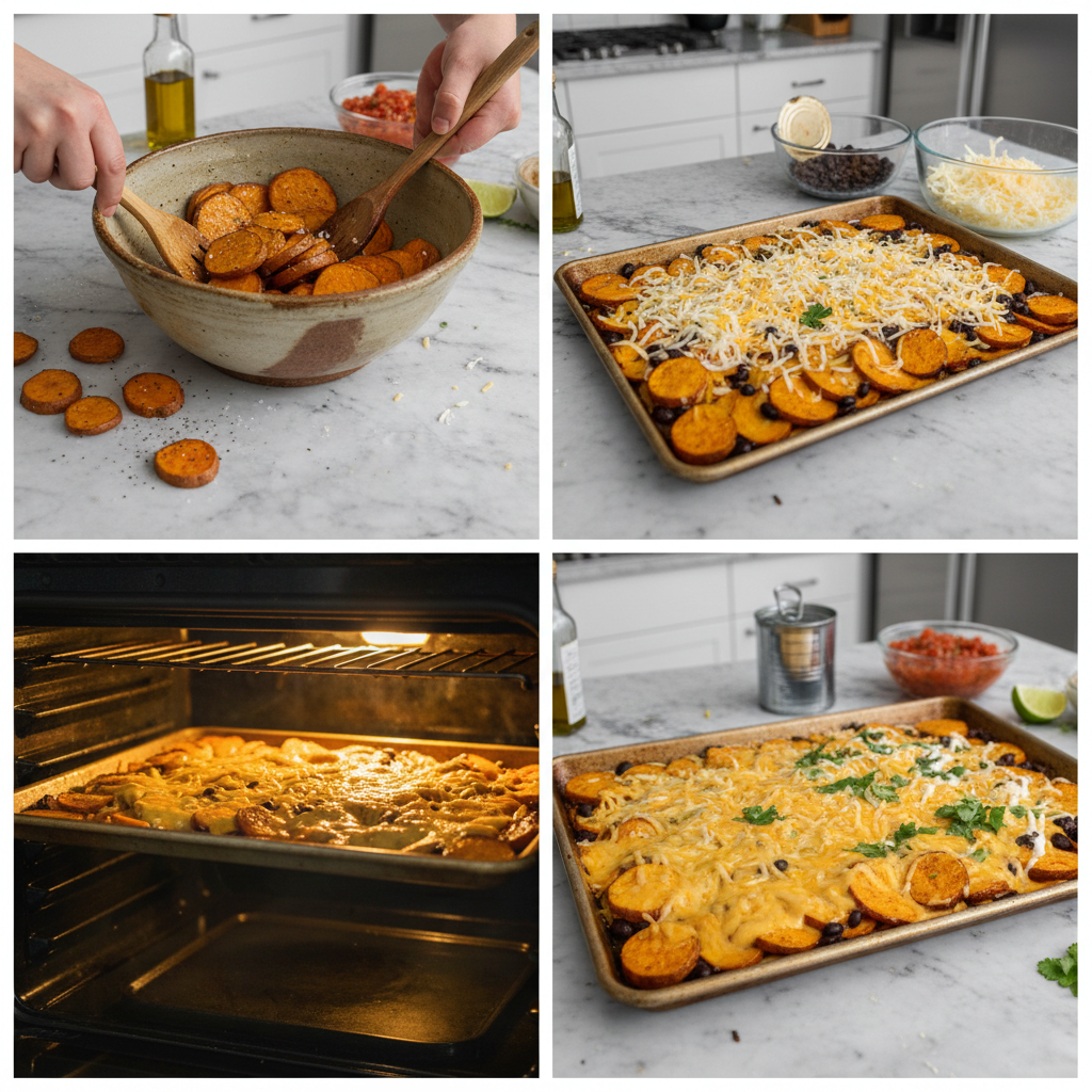 Hands arranging baked sweet potato slices on a baking sheet, a key step for sweet potato nachos.