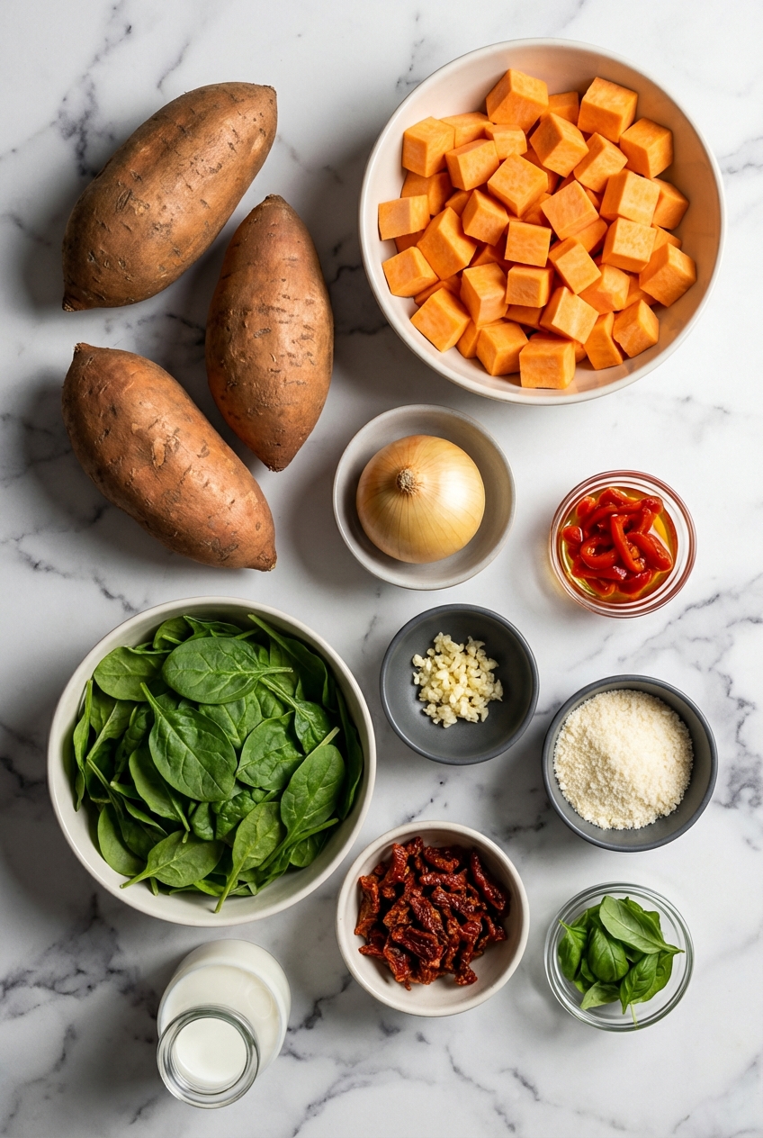 Flat lay of raw sweet potatoes, a spiralizer, and fresh herbs on a contemporary white countertop in natural window lighting.