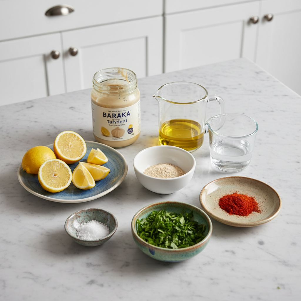 Essential ingredients for a homemade tahini dressing laid out on a kitchen counter.