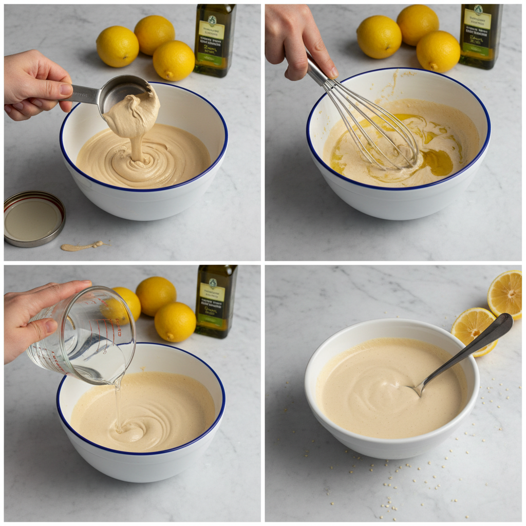 Hand whisking the tahini dressing in a bowl, showing the emulsion process.